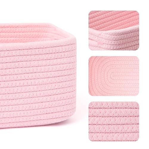 MiniArk Small Storage Baskets for Organizing | Closet Organizer Bins | Shelf Toy Basket | Woven Rope Baskets | Cube Decorative Box | Shallow Basket | 13x8.5x5.1” | 3 Packs Light Pink thumbnail 4