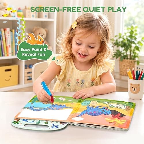 JoyCat Dinosaur Water Coloring Book for Toddlers, 13 Pages, No-Mess | Reusable color-reveal scenes for repeat play, Water pen with holder, Carry handle and closure band for travel, Gift for kids thumbnail 5