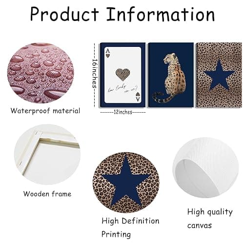 KLXCAJAM 3Pcs Navy Leopard Canvas Wall Art Cheetah Vintage Prints Wall Decor Navy Blue Star Painting Pictures Lucky Trendy Artwork for Gallery Preppy Luxury Home Decoration 12x16in thumbnail 7