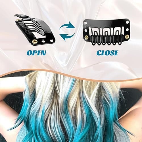 10 Pcs Blue Hair Extensions | 22 In Long Straight Fake Hair | Clip In Hair Extension | Hair Accessories for Girls (Lake Blue) thumbnail 4