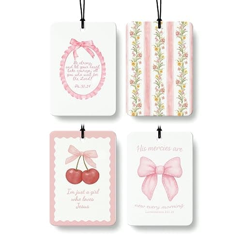 EKGJW Christian Preppy Pink Cologne Car Air Freshener 4 Pcs, Coquette Pink Bow Cherry Floral Bible Verse Hanging Air Freshener for Cars Bathroom Dorm Books Decor, Cute Accessories Gifts for Women - Image 1