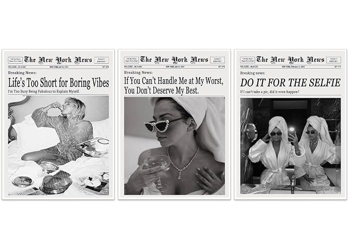 Set of 3 Modern Preppy Newspaper Canvas Wall Art Black and White New York Newspapers Prints for Dorm Room Aesthetic Funky Urban Decor 3Pcs11x14in Unframed - Image 1