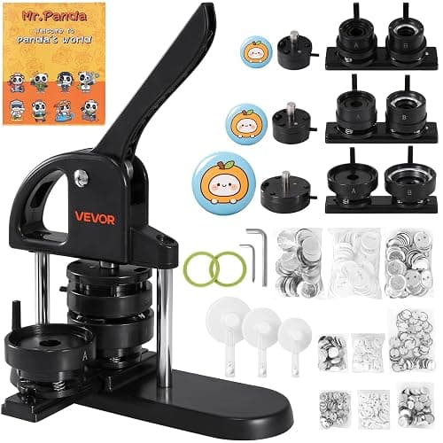 VEVOR Button Maker Machine 1/1.25/2.25 inch(25/32/58mm) 3-in-1 Pin Maker | with 300pcs Button Parts, Children DIY Presents, Ergonomic Arc Handle Punch Press Kit, Panda Magic Book, and Circle Cutter - Image 1