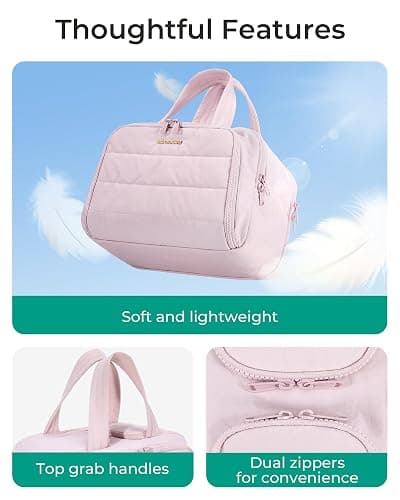 BAGSMART Travel Toiletry Bag, Crush Toiletry Bag for Women, Wide-open Puffy Toiletry Bags for Traveling, Large Travel Cosmetic Makeup Bag Organizer for Accessories,Toiletrie, Pink | Lightweight, Large, Wide-open, Puffy, Organizer, with Handle, for Accessories, for Essentials, for Toiletries, Pink thumbnail 2