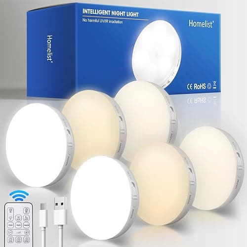 Homelist Motion Sensor Lights Indoor with Remote Control, 6 Pack Wireless Rechargeable Night Light LED Stick on Wall Light, Battery Operated Stair Kitchen Cupboard Under Cabinet Puck Light - Image 1