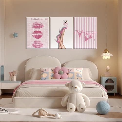 3Pcs Trendy Coquette Wall Art Pink Lips Bikini & Bow Heels Wall Decor Pictures Vintage Martini Newspapaer Canvas Posters Prints for Y2K Girly Room Dorm Apartment Preppy Aesthetic Decor 16x24in thumbnail 6