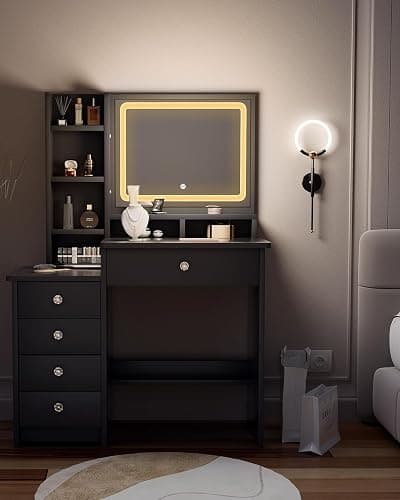 Vanity Desk, Makeup Table with Mirror and Lights, 90cm Black Dressing Table, Fiver Drawers thumbnail 7
