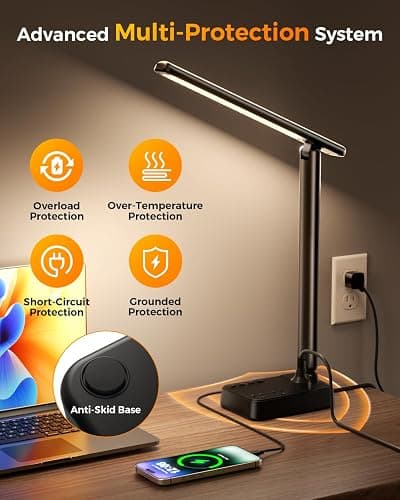 Airlonv LED Desk Lamp for Office Home, Power Strip with 3 Outlets 4 USB Charging Ports(2 USBC), 4 Modes 5 Level Brightness Desk Light, Small Desk Lamp for College Dorm Room Essentials thumbnail 7