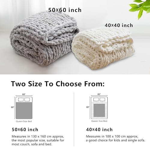 WESHIONGOO Chunky Knit Blanket Throw 40"×40" Knitted Throw Blankets for Couch Bed Fluffy Soft Blanket with Jumbo Chenille Yarn Thick 100% Handmade (Cream White) thumbnail 5