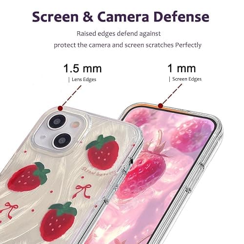 Tewwsdi Cute Glitter Strawberry Phone Case with Charm for iPhone 15,Kawaii Red Bow Polka Dot Design Aesthetic Fruit Summer Phone Girly Women，Never Fade ，1.5mm Raised Edges Protect(with Charm,6.1”) thumbnail 6