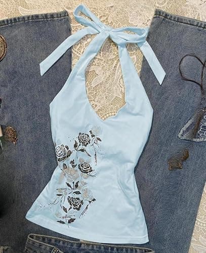 Cottagecore Summer Y2k V Neck Floral Tops Grunge Halter Tank Top 2000s Cute Backless Sleeveless Going Out Outfits thumbnail 2