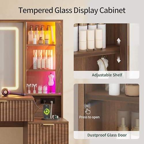 HAUOMS Big Vanity, Fluted Wood Makeup Vanity Desk with Mirror and Sound Sync LED Lights, Large Vanity Dressing Table, 8 Drawers, Charging Station for Girls, Women (Walnut, 59.1" Width) thumbnail 7