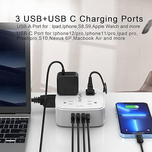 6 Ft Surge Protector Power Strip - 8 Widely Outlets with 4 USB Ports, 3 Side Outlet Extender with 6 Feet Extension Cord, Flat Plug, Wall Mount, Desk USB Charging Station, ETL,White thumbnail 6