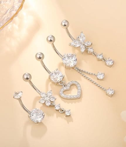 Leocuci Surgical Stainless Steel Dangle Belly Button Rings for Women Belly Ring Dangling Piercing Jewelry with Heart Flower Butterfly14G thumbnail 4