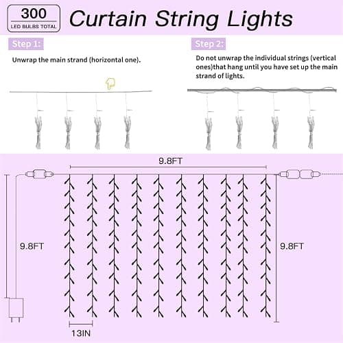 Soagrc 300 LED Rainbow Curtain String Lights 9.8 * 9.8FT Plug in Fairy with Timer and 8 Modes, Waterproof Window Wall Lights for Bedroom Wedding Party Indoor Outdoor Christmas Decor thumbnail 6