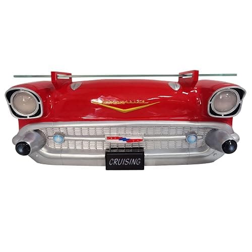 Sunbelt Gifts 1957 Chevy Red Bel Air Floating Wall Shelf - LED Headlights with Tempered Glass for Vintage Car Decor + Man Cave Accessories - Classic Car Gift (20 x 6.1 x 8 in) thumbnail 6