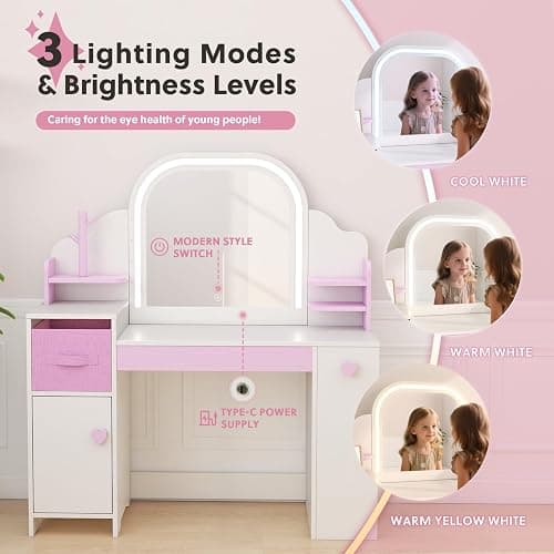Frogprin Kids Vanity with Lights and Chair, Princess Makeup Vanity Desk with Mirror Bookshelf Storage Cabinet,3 in 1 Toddler Vanity Table Makeup Dressing Table, Pretend Play Vanity Set for Little Girl thumbnail 4