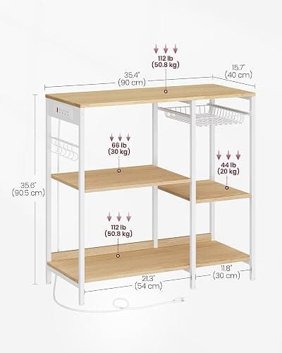 VASAGLE Baker's Rack, Coffee Bar Stand with Charging Station, Storage Shelves, Pull-Out Wire Basket, Table for Microwave, Kitchen, Oak Beige UKKS036Y09, 15.7 x 35.4 x 35.6 Inches thumbnail 3