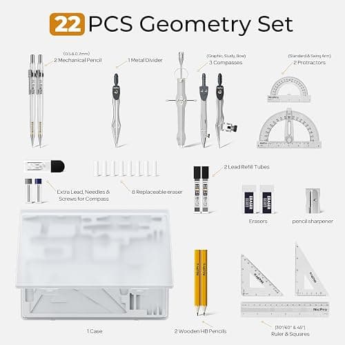 Nicpro 22 PCS Compass Geometry Tools with Case, Drafting Tools Geometry Set with Swing Arm Protractor, Rulers, Metal Compass, Square Set, Mechanical Pencil, Back to School Supplies for Students thumbnail 3