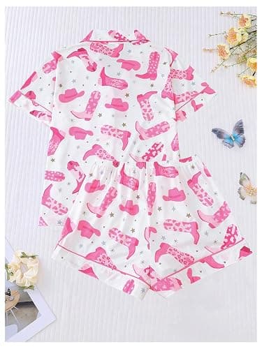 WDIRARA Women's 2 Piece Boots Graphic Pajama Set Pocket Patched Button Down Shirt with Shorts Satin Sleepwear thumbnail 2