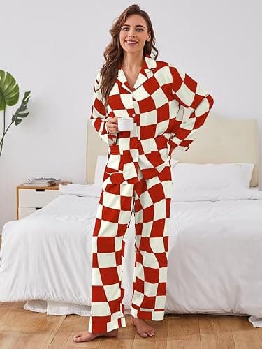 Brosloth Womens Silk Pajamas Button Up Pajama Soft Long Sleeve Satin Printed Loungewear Set - Red - X-Large thumbnail 2