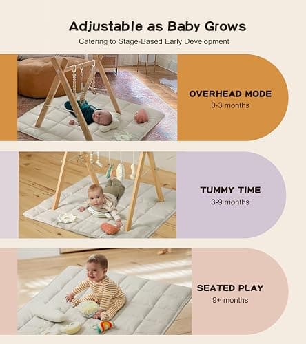 Baby Play Gym with Mat, Wooden Play Gym with 9 Sensory Toys, Baby Activity Center‌ for ‌Infant Motor Development‌, Natural Pine Wood, ‌Easy to Assemble & Clean‌, Montessori Toys, Natural Color thumbnail 7