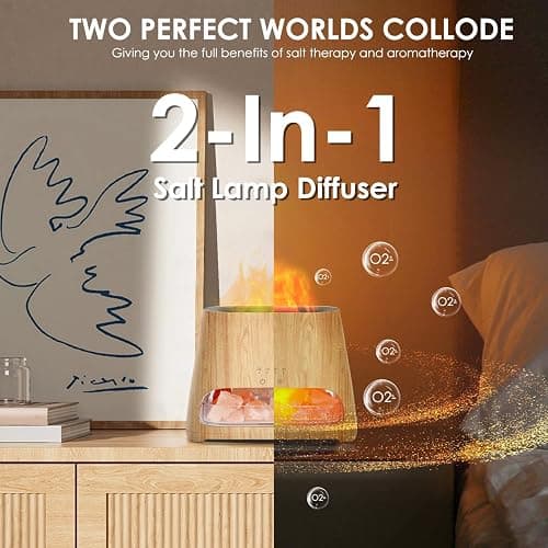 SALKING 2-in-1 Ultrasonic Essential Oil Diffuser & Himalayan Salt Lamp, Aromatherapy Diffuser Cool Mist Humidifier with Auto Off Function, 100% Pure Himalayan Pink Salt Rock, 150ml (Wooden Grain) thumbnail 3