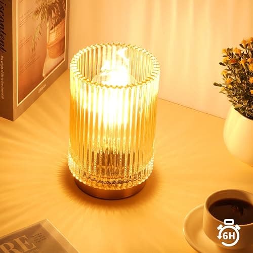 Mirasium Battery Operated Lamp, Cordless Table Lamp with Timer, Desk Bedside Lamps with LED Warm Light, Glass Small Table Lamp for Bedroom, Bathroom, Living Room, Home Decor - Amber thumbnail 4
