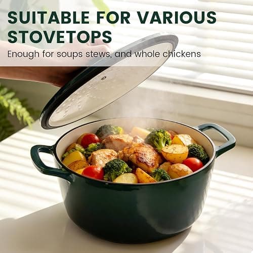 Enameled Cast Iron Dutch Oven 5 Qt with Lid, Green | For Sourdough Bread, Stews & Roasts, Oven Safe to 500F, Works on Gas, Electric & Induction Stovetops. thumbnail 7