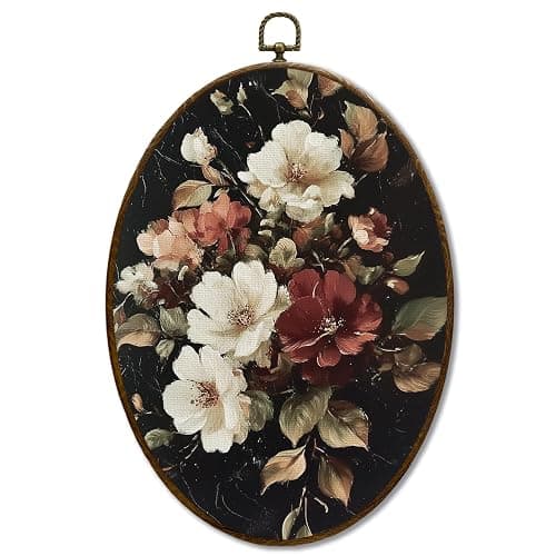 JQF Vintage Floral Oval Wall Decor, Cottagecore Moody Flower Oval Canvas Wall Art, Farmhouse Retro Floral Framed Prints Hanging Decor for Home Bedroom Living Room, 8.5x11.5 Inch - Image 1