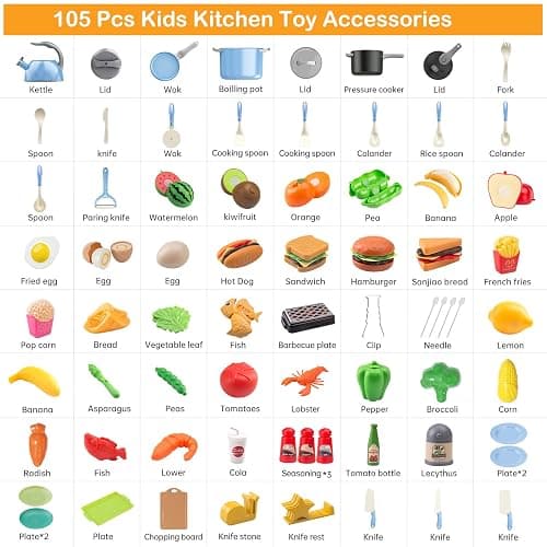 Zero Zoo 105Pcs Kids Kitchen Toy Accessories, Toddler Pretend BBQ Camping Cooking Playset, Play Pots, Pans, Utensils Cookware Toys, Play Food Set, Vegetables, Learning Gift for Girls Boys thumbnail 2