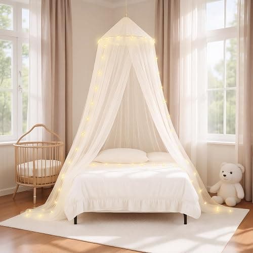 Large Bed Canopy, Bed Canopy w/LED Star Light for Girls, for Bed Size Full/Queen/King Mosquito Net Mosquito Mesh Mosquito Netting Canopy Bed Canopy, White thumbnail 6