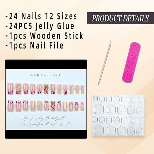 Jremg Flower Press on Nails Medium Long Square Fake Nails with Starfish Pearl Designs French Tip Coffin False Nails Reusable Luxury 3D Floral Acrylic Nails for Women 24Pcs thumbnail 5