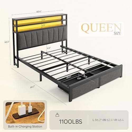 CIKUNASI Queen Bed Frame with Storage Headboard Bed Frame Queen Size with 2 Storage Drawers LED Light and Charging Station Platform Bed Base No Box Spring Needed thumbnail 2