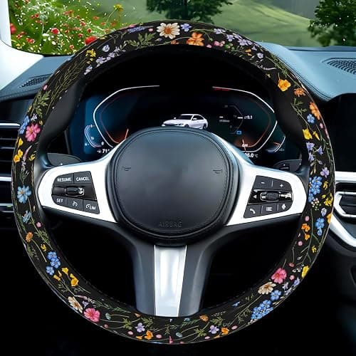 Wildflower Car Steering Wheel Cover, Flower Car Accessory for Diverse Cars, Cute Floral Print Steering Wheel Cover Protector for Women, for Steering Wheel with a Diameter of 14.5"-15" (Wildflower) thumbnail 3