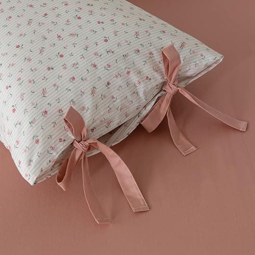 mixinni Boho Floral Comforter Sets Full Size Soft Fluffy Bed Set Green Leaves Dusty Rose Pattern on White Comforter Set, 3 Pieces Cute Floral Bedding Set with 2 Bow Tie Pillowcases for All Season - Full (80"x90") - C#bowknot-pink Flower thumbnail 6