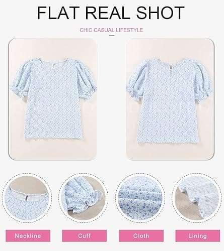 Dokotoo Floral Print Blouses for Women Crewneck Smocked Puff Sleeve Shirts Casual Babydoll Tops thumbnail 5