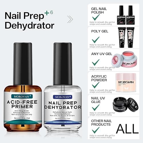 Morovan Professional Natural Nail Prep Dehydrate and Acid-Free Primer, Dehydrator for Acrylic and Gel Nail Polish, Non Acid Primer for UV Gels Fast Dry Superior Bonding Agent Gift Box Set thumbnail 6