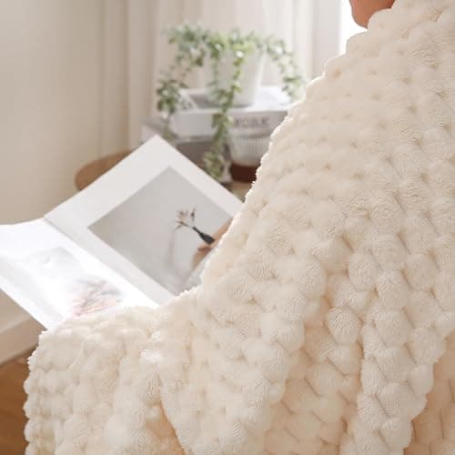 Cream White Throw Blanket 50"×60" inches Fuzzy 3D Jacquard Decorative Flannel Fleece Super Soft Plush Cozy Blanket for Couch Sofa Chair Lightweight thumbnail 7