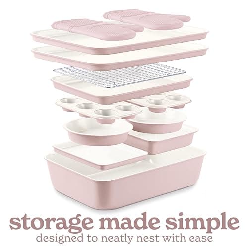 Country Kitchen Nonstick Stackable Bakeware Set - Deluxe Heavy Duty, Durable, Easy Release Baking Set, Pink, 13 Pcs with Handles thumbnail 4