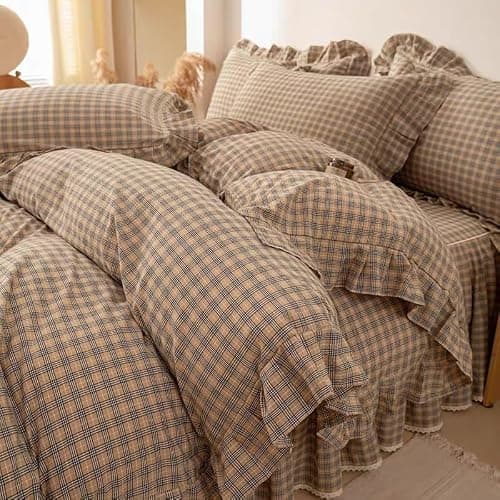 4pcs Plaid Duvet Cover Set Queen Size - 100% Washed Cotton Brown Checkered Gingham Bedding, Ultra Soft with Ruffle Edges, Includes 1 Duvet Cover, 1 Fitted Sheet with Bed Skirt, 2 Pillow Shams thumbnail 2