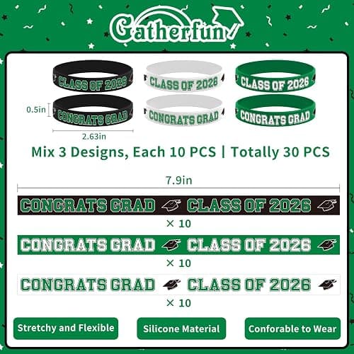 Gatherfun Graduation Decorations : Congrats Grad Wristband Silicone Bracelets - Graduation Party Favors & Class of 2026 Decorations, Gifts for Grads!,30Pack, 2 Designs thumbnail 2