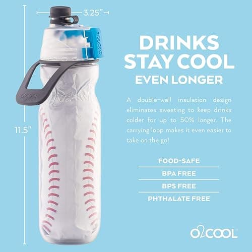 O2COOL Mist 'N Sip Misting Water Bottle 2-in-1 Function With No Leak Pull Top Spout Sports Reusable Water Bottle - 20 oz (2 Pack Baseball) thumbnail 3