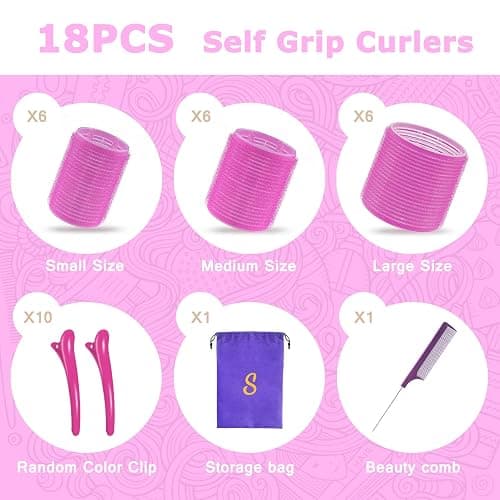 Self grip hair roller set,18 pcs,Hair rollers with hair roller clips and comb,Salon hairdressing curlers,DIY Hair Styles, Sungenol 3 Sizes Rose red Hair Rollers in 1 set thumbnail 4