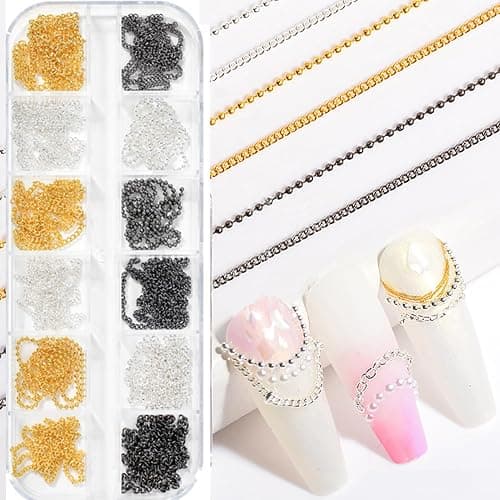 WOKOTO 12 Gold Black And Silver Metallic 3D Nail Chains Charms Punk Ball Beads Fingernails Nail Charms Bling Design Gold Silver Jewels Diy Craft Decoration Accessories Chain Nail Charms Jewelrys thumbnail 3