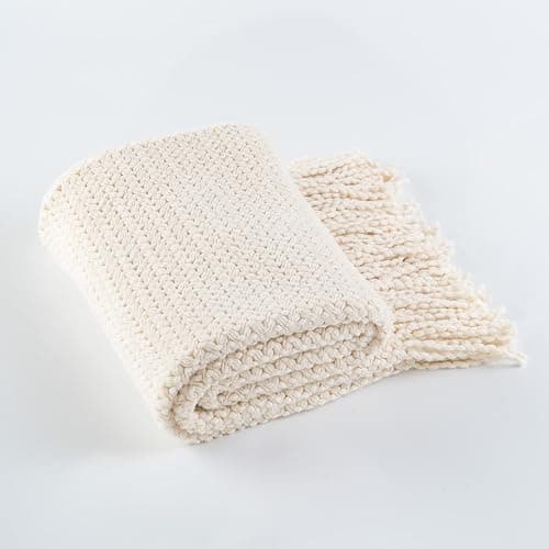 BATTILO HOME White Throw Blanket for Couch, Lightweight Cream Knitted Throw for Sofa Bed Home Decor Textured Soft Cozy Throw with Tassels Suitable All Seasons 50"x60" thumbnail 9