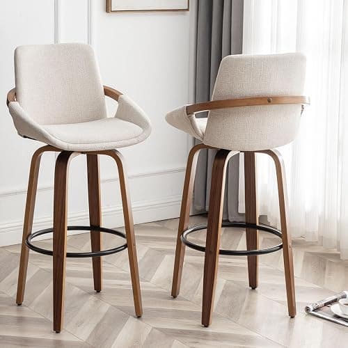 LUNLING 29.5" Bar Height Barstools Set of 2,Mid Century Modern Retro Bar Chairs Charcoal Beige Linen Look Fabric Upholstered and Walnut Wood Frame for Home Bar Furniture(Beige) - Image 1