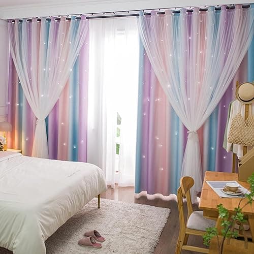 Yancorp Curtains for Girls Bedroom Kids Room Curtain Colorful Window Nursery Curtain 96 inches Length Room Darkening Grommet 2 Layers (Pink Purple, W52 X L96) - Pink Purple Green - 52"W x 96"L (Pack of 1) thumbnail 3