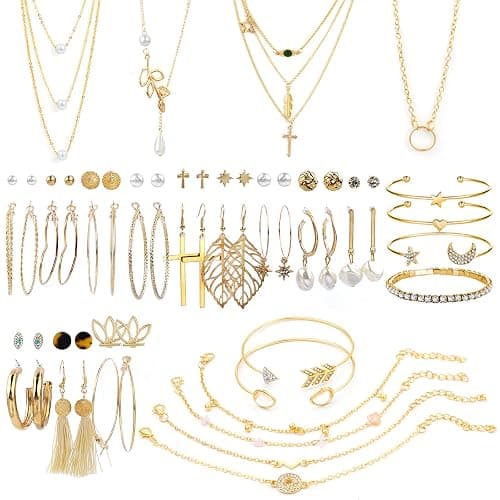 AROIC 38-52PCS Jewelry Set with Necklace Bracelet Layered Ball Dangle Hoop Stud Earrings for Women Jewelry Fashion and Valentine Birthday Party Gift - Image 1