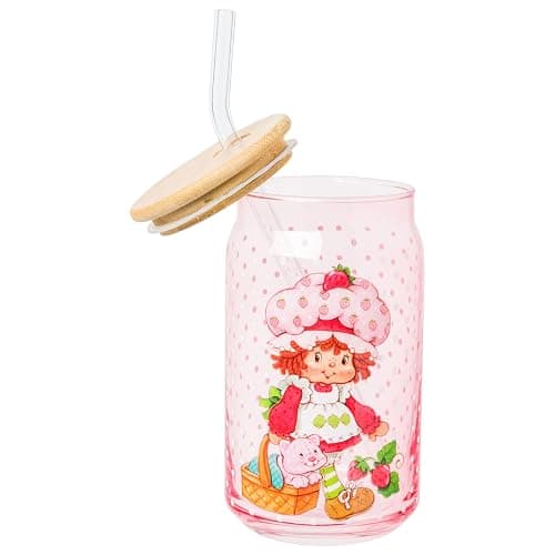 Silver Buffalo Strawberry Shortcake Pink Glass Tumbler with Bamboo Lid and Glass Straw Featuring Strawberry Shortcake and Custard, 16 Ounces thumbnail 3